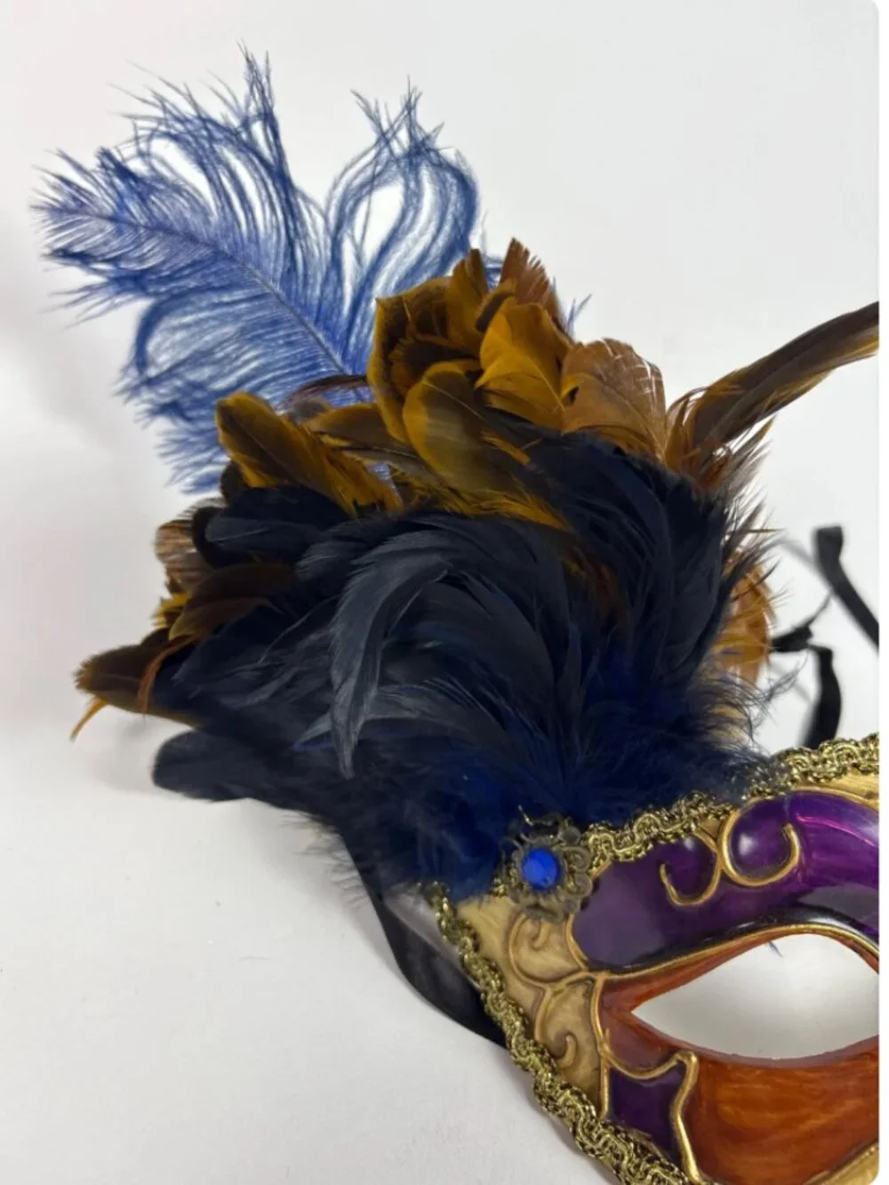 Vintage Mardi Gras Feather Mask | Hand Painted Paper Mâché Masquerade Mask